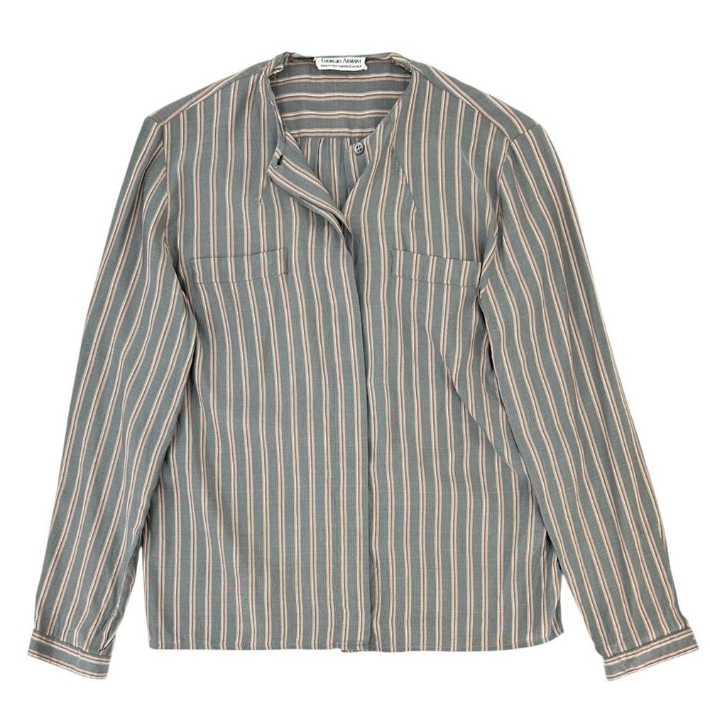 Vintage Giorgio Armani Gray Striped Collarless Lightweight Button Up Shirt